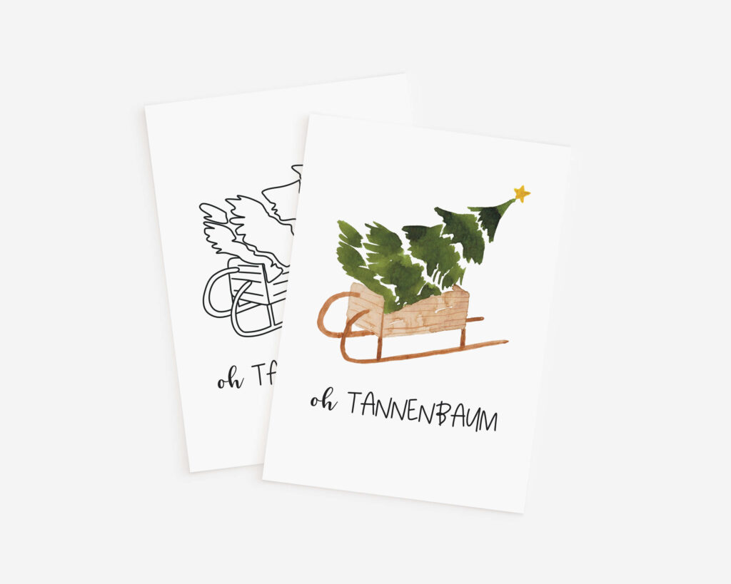 Weihnachtskarte Vorlage mit Aquarell: Tannenbaum auf Schlitten