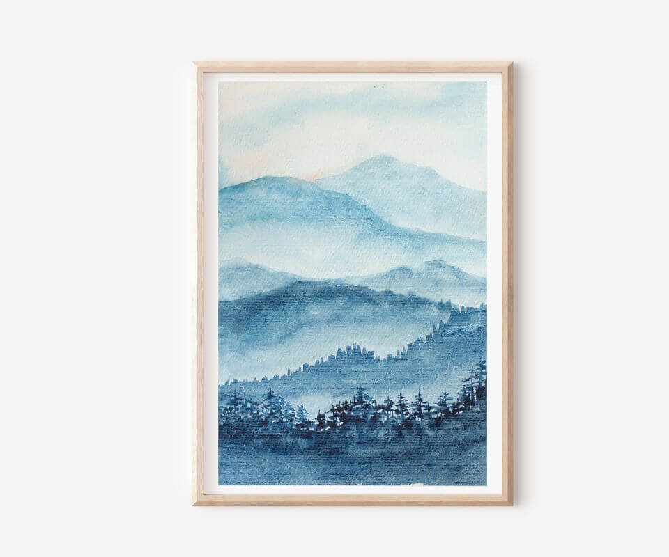 aquarell-landschaft Aquarellbild Landschaft mit Wald und Bergen in blau